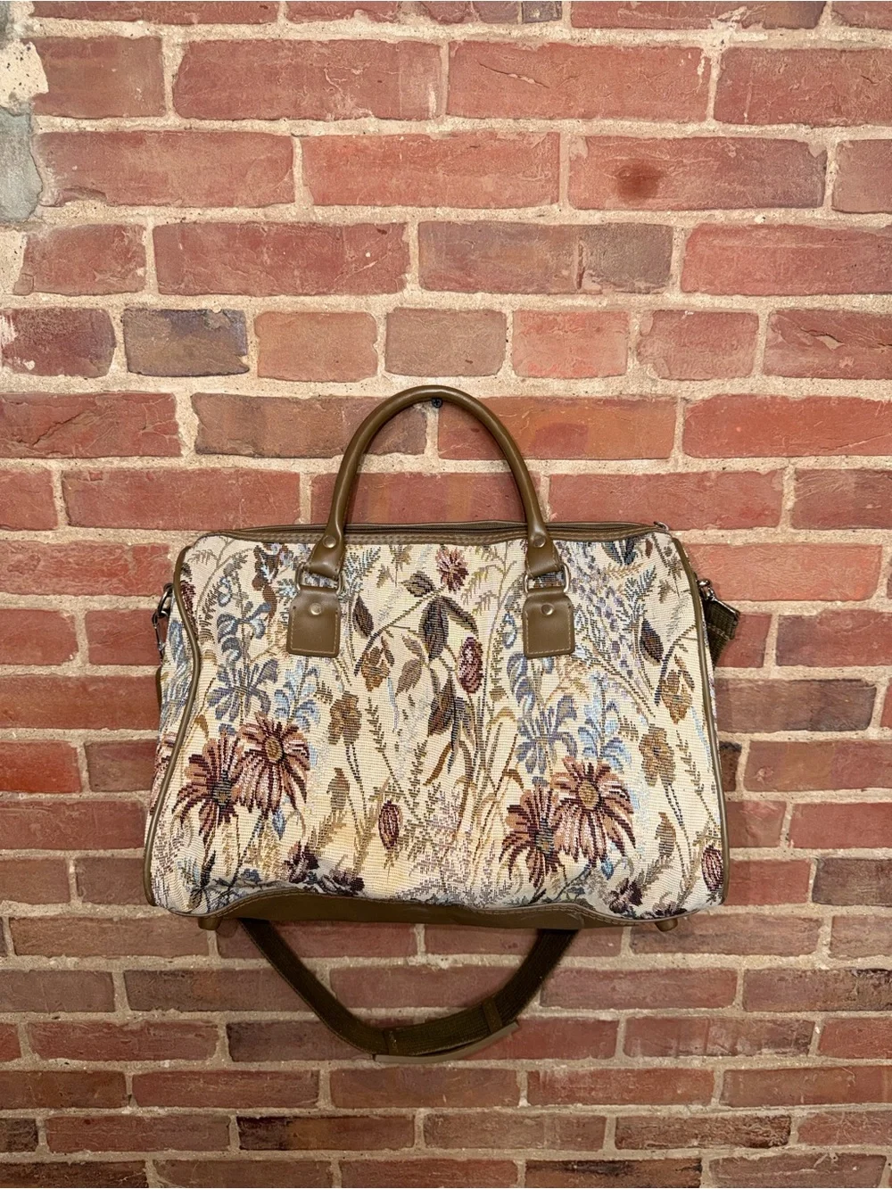 Jordache Floral Tapestry Satchel Handle Bag Shoulder Strap Olive Brown Trim